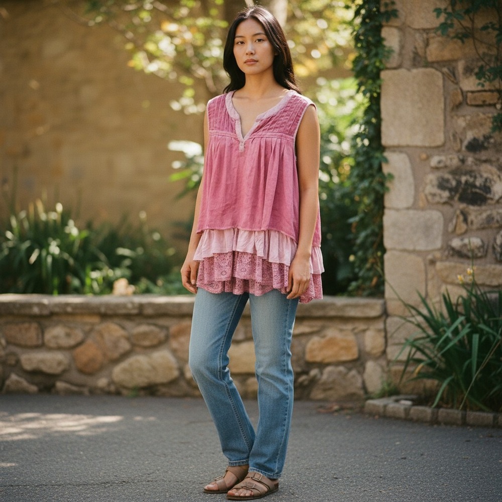 Artesia Pink Mixed Media Tiered Lace Ruffle Tunic Top Sleeveless XL Boho V-Neck